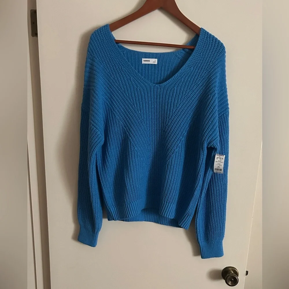 NWT Sonoma Vibrant Blue V-Neck Sweater Sz L - Picture 1 of 16